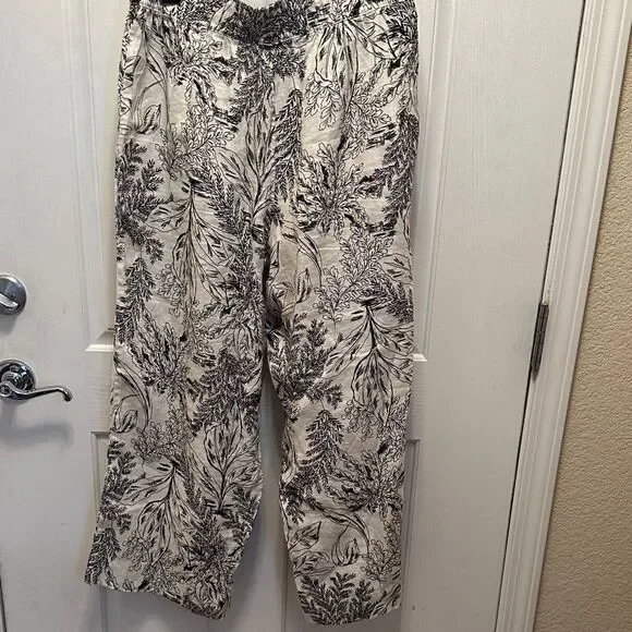 Tahari 100% Linen Wide Leg Black and White Floral Pants (Elastic Waist) Size Lar